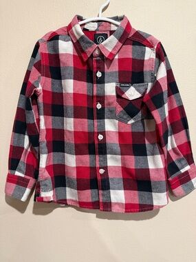 💜Volcom Kids Red Black White Plaid Flannel Button-Up Adorable Casual or Dress Up